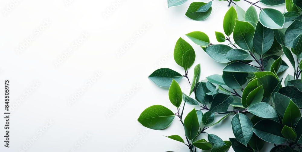 Fototapeta premium Verdant Frame: Green Leaves on the Right with Ample Space for Text on a White Background 