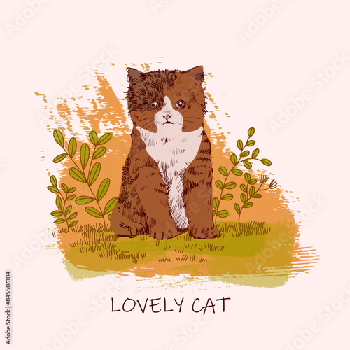 Cute cat, kitten with floral plants and flower on background vintage hand drawn vector illustration.