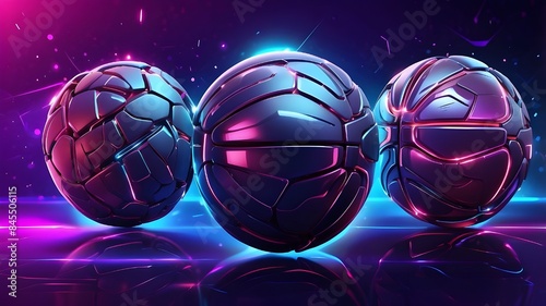 Sports banner with basketball, football, and handballs with a glossy, futuristic design and shimmering neon elements for a mechanical, digital appearance competitive cyber-online gaming competitions photo