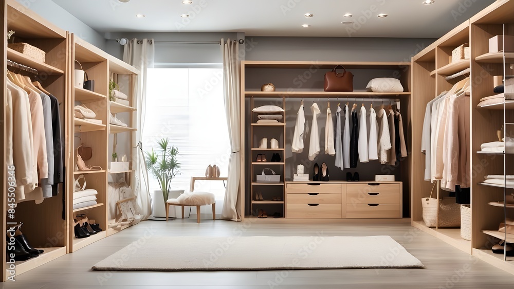 Interior wide-angle banner of a walk-in closet dressing area featuring clothes racks and hangers for a fashionable lifestyle outfit cabinet storage area organizers for the home or bedroom Interior wide-angle banner of a walk-in closet dressing area featuring clothes racks and hangers for a fashionable lifestyle outfit cabinet storage area organizers for the home or bedroom