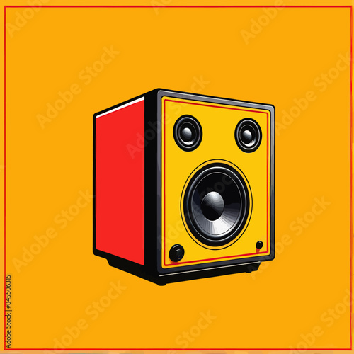 a picture of a speaker on a yellow background