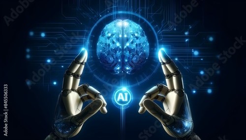 Robotic hands interacting with a digital human brain with AI symbol on a dark background. Futuristic technology and artificial intelligence concept for design and print