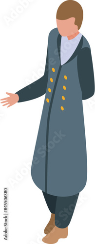 Isometric 3d illustration of a victorian gentleman wearing a long coat gesturing with hand outstretched