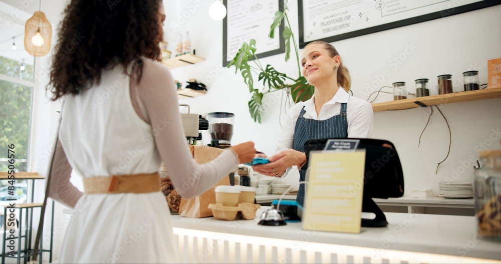 Credit card, barista or customer payment at coffee shop for food, drinks or meal at counter in cafe checkout. POS machine, waiter or employee in small business restaurant with woman or lady for lunch Credit card, barista or customer payment at coffee shop for food, drinks or meal at counter in cafe checkout. POS machine, waiter or employee in small business restaurant with woman or lady for lunch