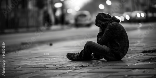 Despondent young person sitting on the ground, overwhelmed by the challenges before them. A dark, somber 4K wallpaper background captures a pessimistic, melancholic outlook on life.