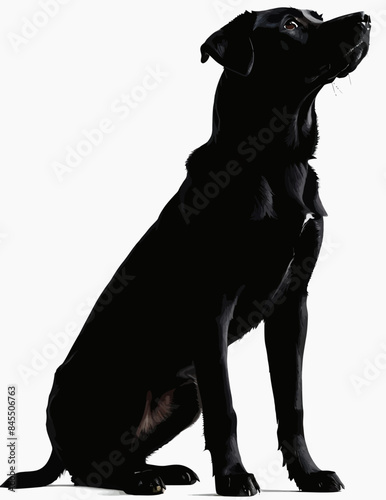 a black dog sitting in front of a white background