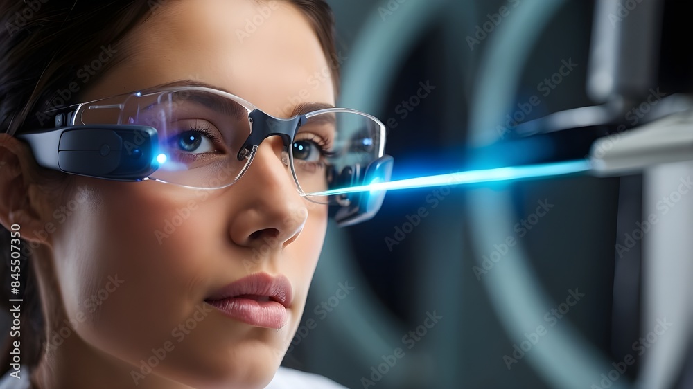 close-up of a person undergoing Lasik vision laser treatment with beams entering the cornea in the form of a broad banner with copy space close-up of a person undergoing Lasik vision laser treatment with beams entering the cornea in the form of a broad banner with copy space