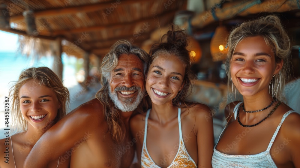 Joyful Family Bonding on a Tropical Beach: Father and Daughters Sharing a Happy Moment Together Joyful Family Bonding on a Tropical Beach: Father and Daughters Sharing a Happy Moment Together