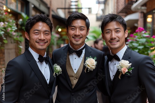 Three elegant Asian best men in formalwear smiling during the wedding party outdoors photo