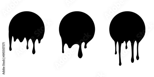 Set of drip circle labels. Paint drip stickers. Black paint liquid. Black inkblot