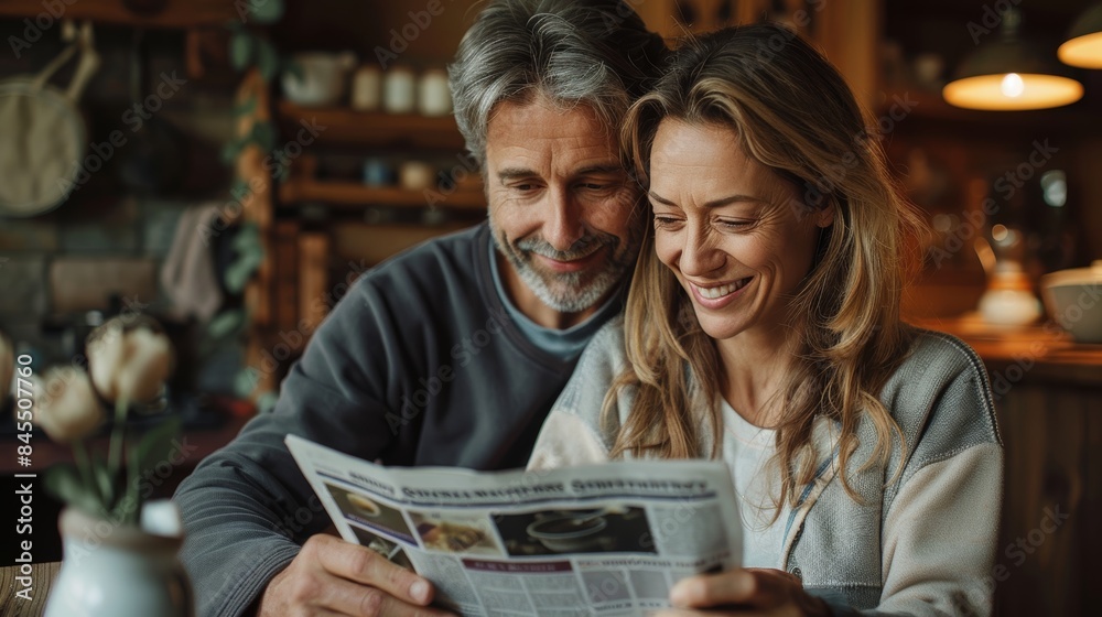 Mature Couple in Pajamas Drinking Coffee and Reading a Newspaper in Cozy Kitchen Mature Couple in Pajamas Drinking Coffee and Reading a Newspaper in Cozy Kitchen