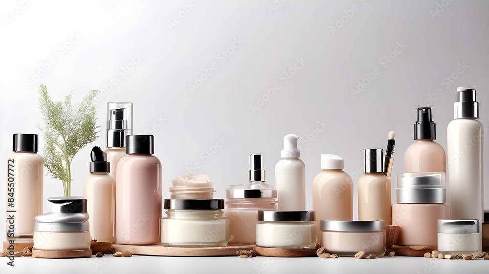set mockup with a big banner with content space area over isolated white background of a selection of beauty cosmetic product containers on display for natural cosmetics and skin care product concept. set mockup with a big banner with content space area over isolated white background of a selection of beauty cosmetic product containers on display for natural cosmetics and skin care product concept.