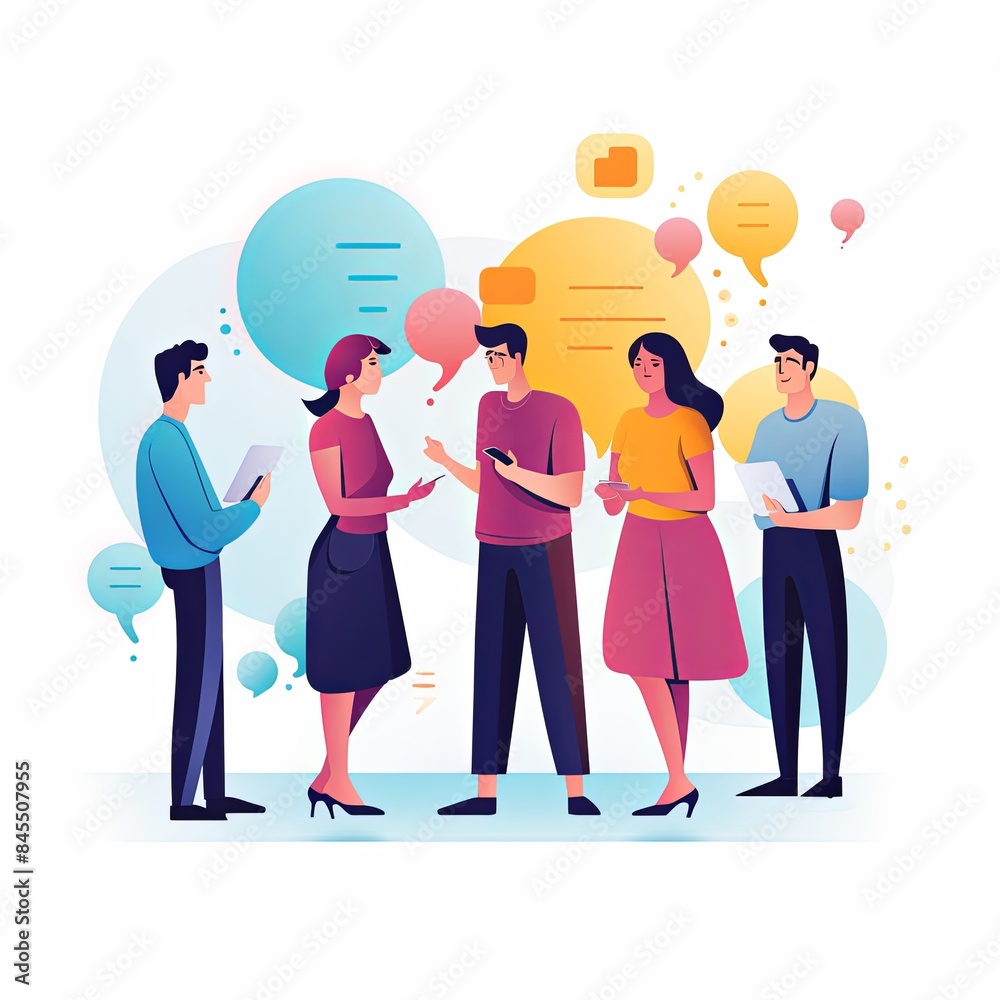 flat vector style illustration, a diverse group of people talking and collaborating flat vector style illustration, a diverse group of people talking and collaborating