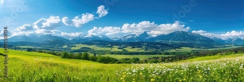 Hills Landscape. Alpine Mountain Peaks in Summer, Blooming Meadows with Rolling Field, Scenic Panoramic View
