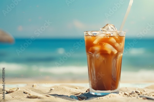 A glass of iced coffee sits on the sand, with the ocean in the background. Generative AI