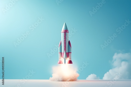 Rocket launching with smoke on a blue sky background. Minimalistic and futuristic concept for design and print