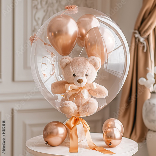 A teddy bear with a bow tie inside a clear balloon surrounded by rose gold balloons with festive decorations., perfect for a surprise gift