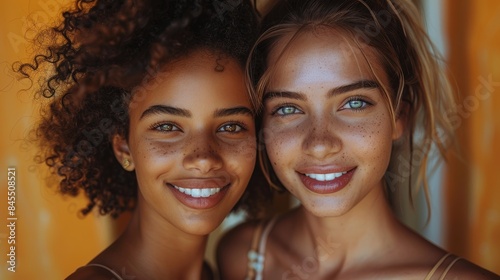 Two Diverse Young Women Smiling in Tank Tops Showing Freckles and Natural Beauty