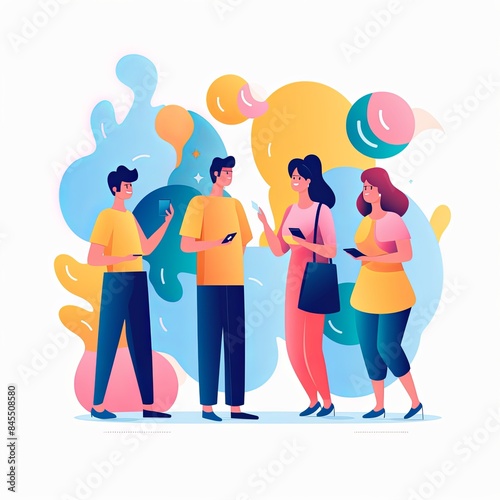 flat vector style illustration, a diverse group of people talking and collaborating