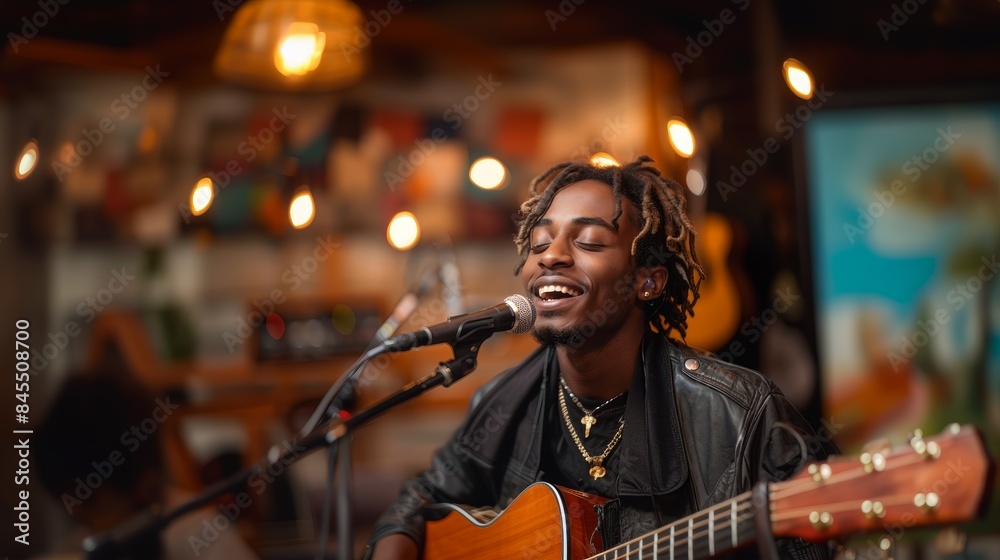 Young African American Man Singing Into Microphone While Playing Guitar in Warmly Lit Room Young African American Man Singing Into Microphone While Playing Guitar in Warmly Lit Room