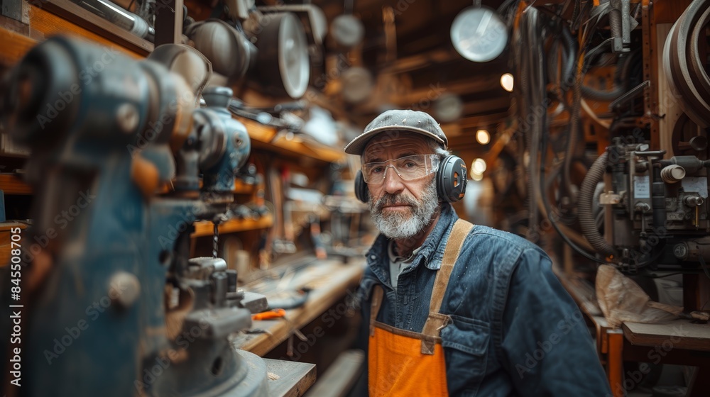 Experienced Woodworker in Workshop Using Machinery While Wearing Safety Gear and Noise-Canceling Earmuffs Experienced Woodworker in Workshop Using Machinery While Wearing Safety Gear and Noise-Canceling Earmuffs