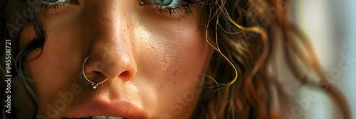 Close-up Photo of a Woman with a Nose Ring. Concept Close-up Portraits, Beauty Shots, Unique Accessories, Focused Details