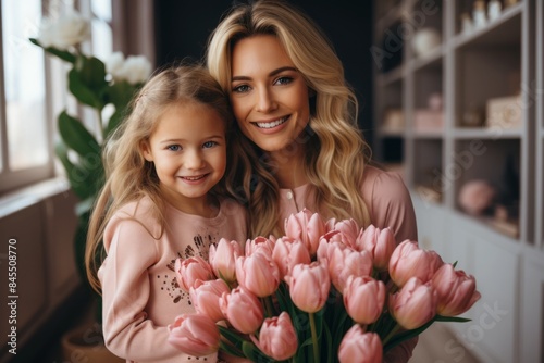 Smiling young mother and little daughter carrying bouquet of fresh tulips at home together