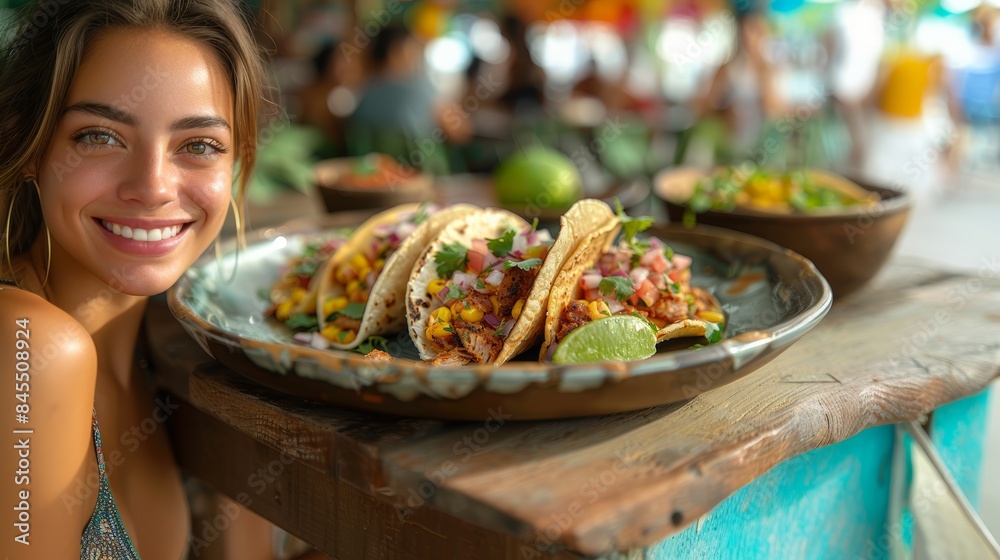 Fototapeta premium Young Woman Smiling Outside with Tacos at Street Food Market
