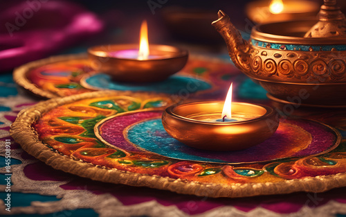 Diwali festival invitation with colorful rangoli patterns and oil lamps, bright festive lighting © julien.habis