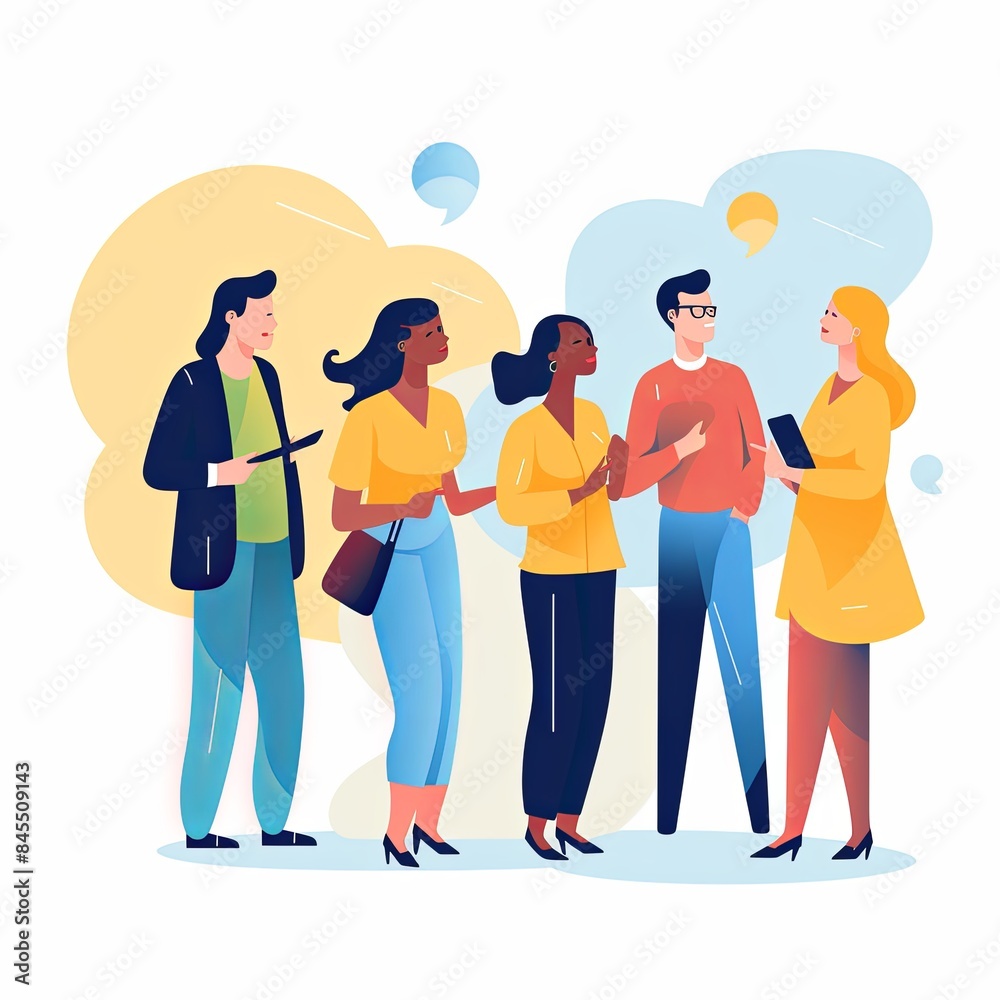 flat vector style illustration, a diverse group of people talking and collaborating flat vector style illustration, a diverse group of people talking and collaborating