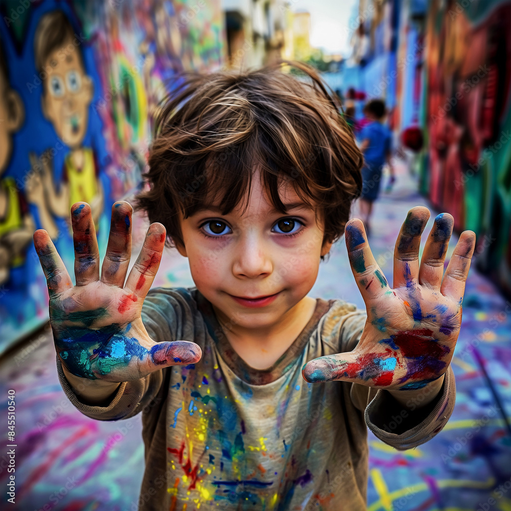Boy shows hand covered in paint