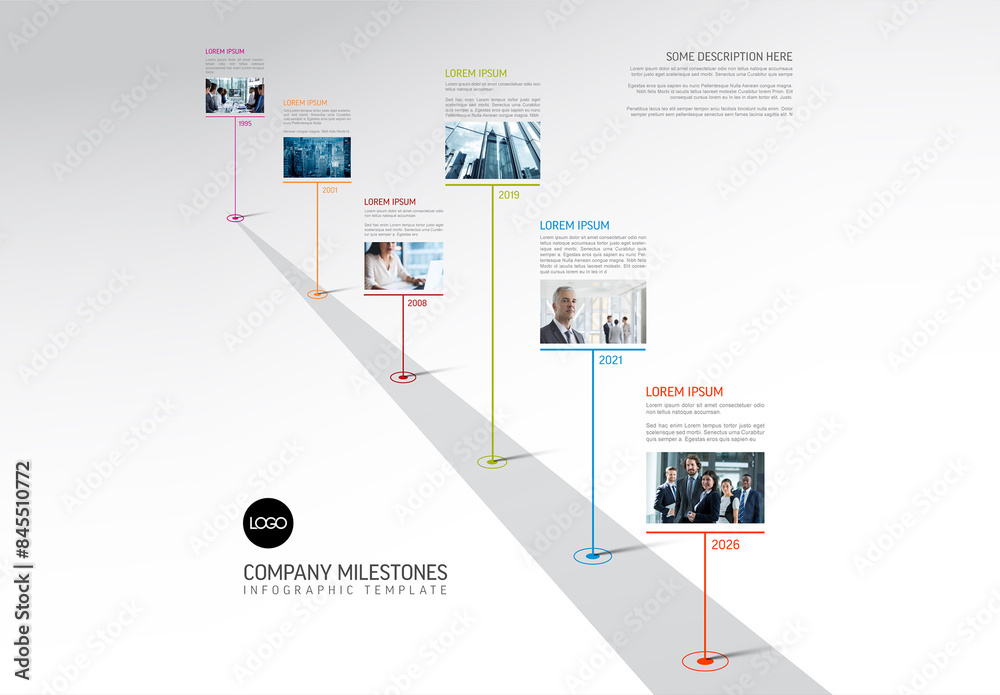 Modern road timeline template with some content blocks with sample photo placeholders