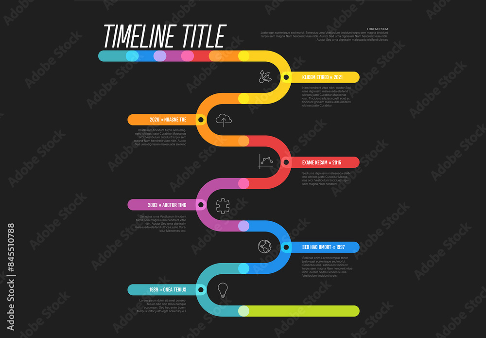 thick line infogrpahic timeline diagram template with... Thick line rainbow Infogrpahic timeline with branches template on black ...