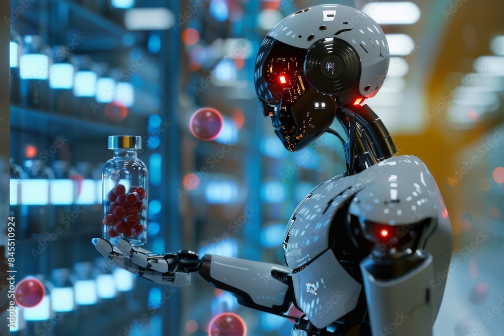 Futuristic Robot Holding Medicine Bottle in Pharmacy with Neon Lights Futuristic Robot Holding Medicine Bottle in Pharmacy with Neon Lights