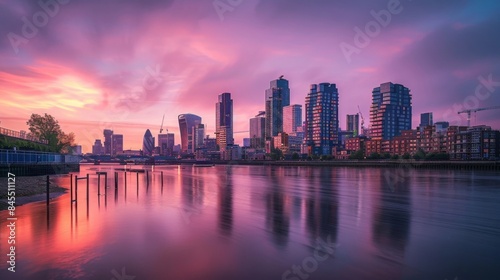 Stunning city skyline at sunset with vibrant colors reflecting on the water