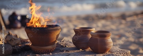 Summer beachside pottery firing demonstration, potters and kiln firing, 4K hyperrealistic photo. photo