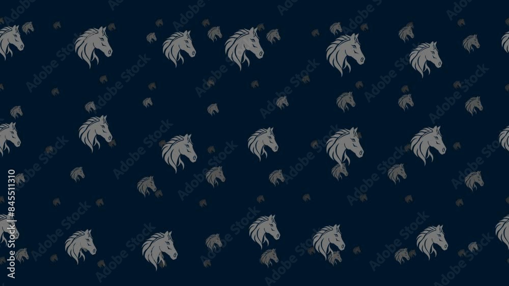 Horse's head symbols float horizontally from left to right. Parallax fly effect. Floating symbols are located randomly. Seamless looped 4k animation on dark blue background