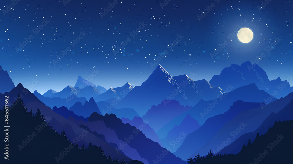 Majestic Night Flat design showcasing the majesty of mountains under a brilliant night sky. Majestic Night Flat design showcasing the majesty of mountains under a brilliant night sky.