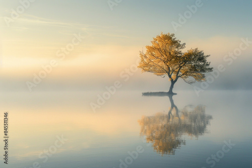 A solitary tree standing by a calm lake at dawn, with gentle mist rising and the first light of day casting a golden glow, evoking a sense of peace and tranquility. 