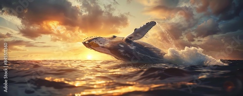 Majestic whale breaching the surface of the ocean at sunset, 4K hyperrealistic photo photo