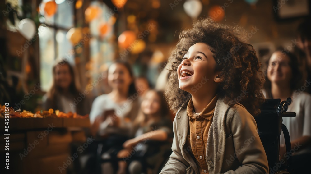 A joyful child with curly hair smiles brightly in a cozy room filled with autumn decorations and happy people. A joyful child with curly hair smiles brightly in a cozy room filled with autumn decorations and happy people.