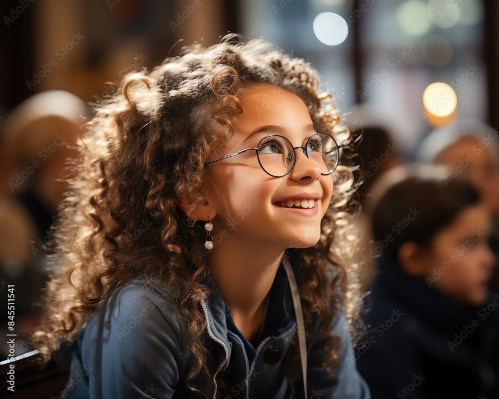 A joyful little girl with curly hair and glasses smiles while seated indoors, surrounded by an unfocused background of people. A joyful little girl with curly hair and glasses smiles while seated indoors, surrounded by an unfocused background of people.