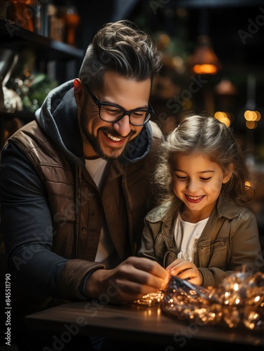 Father and daughter smiling while decorating with string lights, creating a joyful and heartwarming moment together during the holiday season.