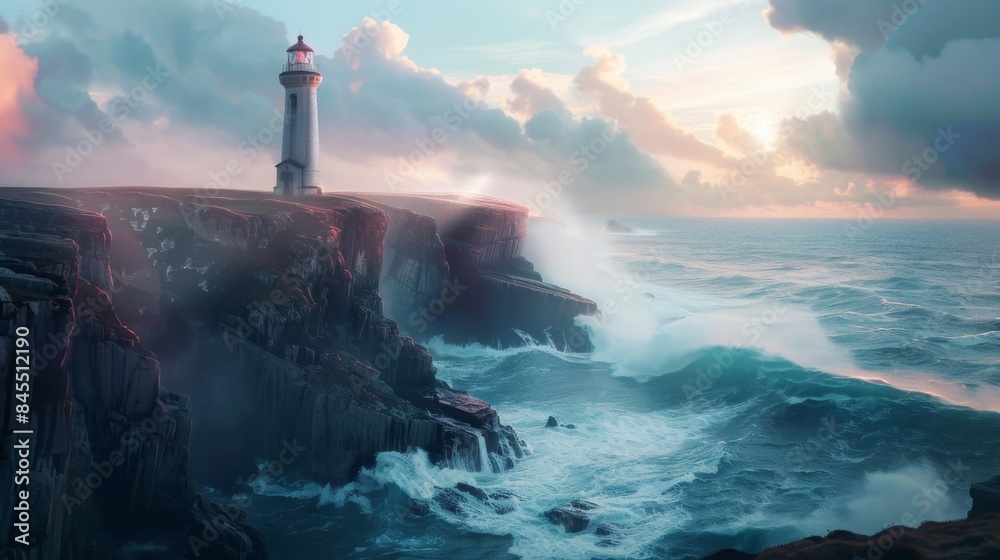 Solitary lighthouse stands tall on a rocky cliff as waves crash below at sunset, dramatic clouded sky above Solitary lighthouse stands tall on a rocky cliff as waves crash below at sunset, dramatic clouded sky above