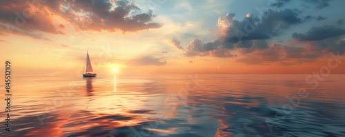 Serene sunrise over a calm sea with a lone sailboat on the horizon, 4K hyperrealistic photo © Влада Яковенко
