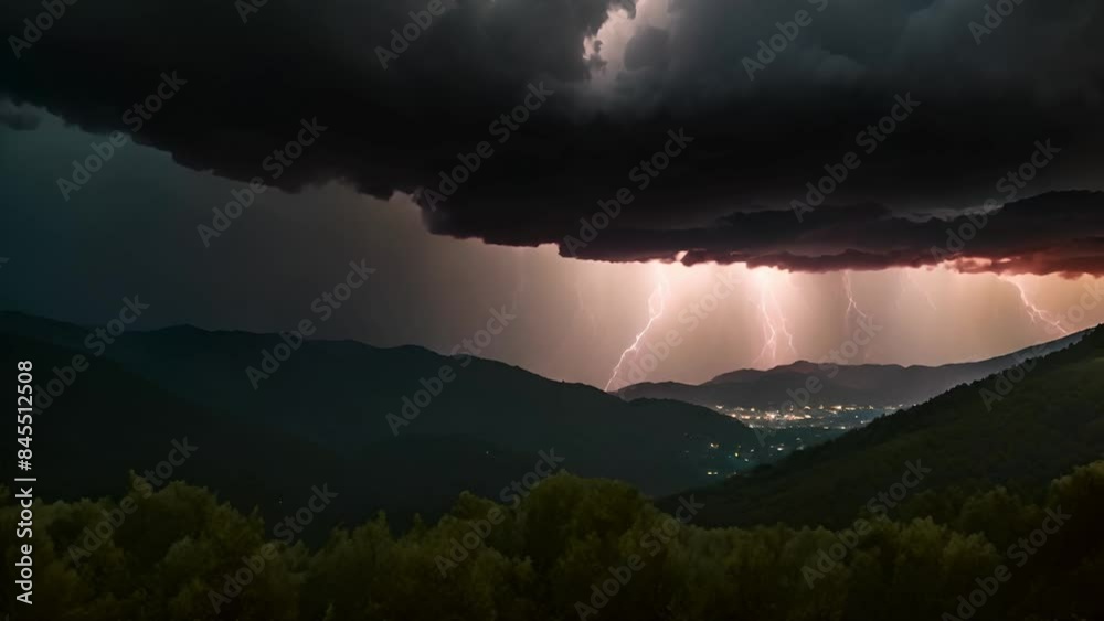 Thunderstorm with Lightning Over Mountain Village and Peaks Video Background