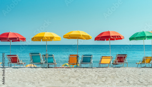 A beach scene with a row of umbrellas and chairs