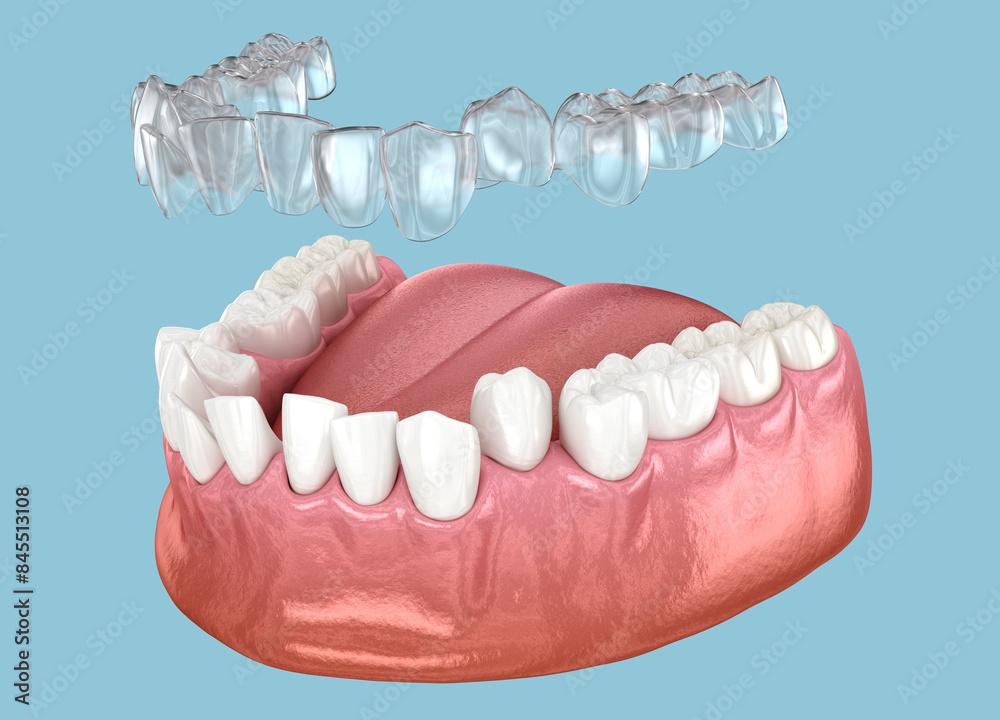 Invisible retainer make bite correction. Medically accurate 3D animation Invisible retainer make bite correction. Medically accurate 3D animation