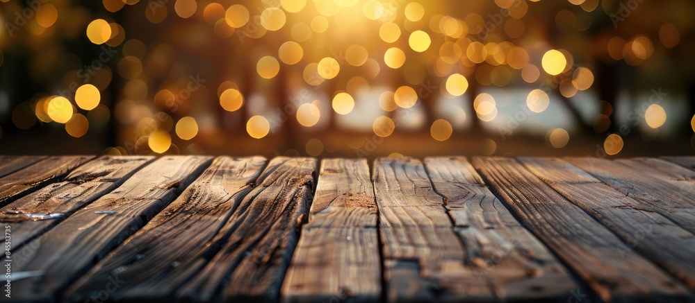 Wooden Tabletop with Blurred Golden Bokeh Background Perfect for Product Displays or Design Visuals Wooden Tabletop with Blurred Golden Bokeh Background Perfect for Product Displays or Design Visuals