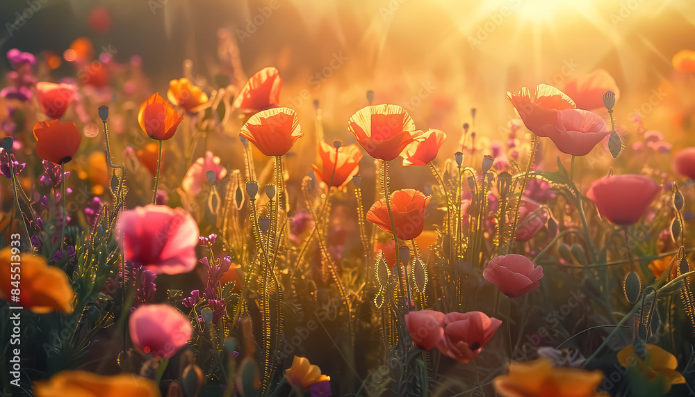 Obraz premium A field of flowers with a bright sun shining down on them